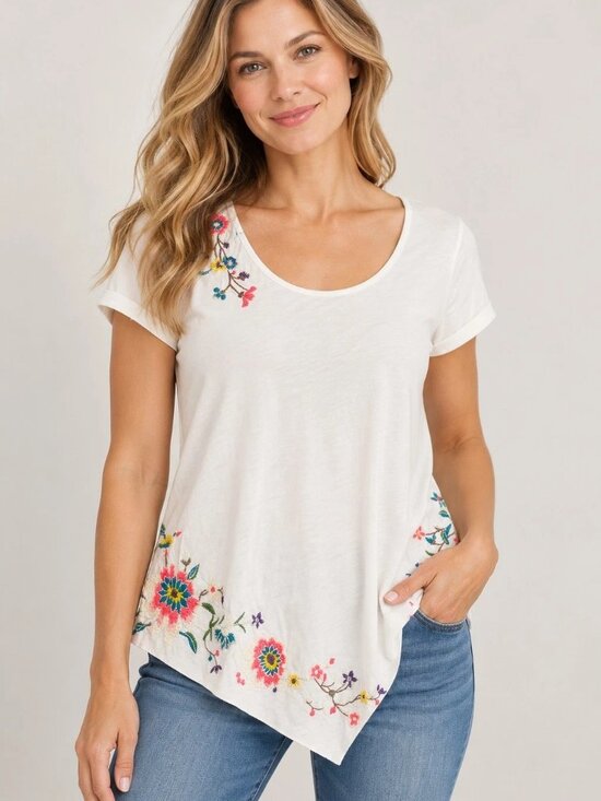 Johnny Was Tops - Johnny Was JW Los Angeles White Embroidered Floral Short Sleeve Top S Small